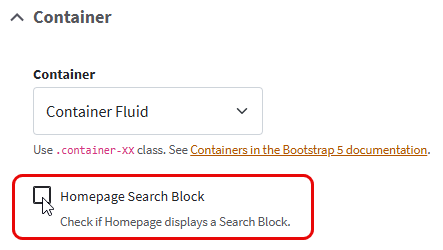 Admin user interface showing a cursor prepared to check the Homepage Search Block