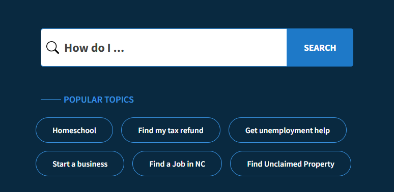 Home Page search block from NC.gov with 6 buttons for Popular Topics