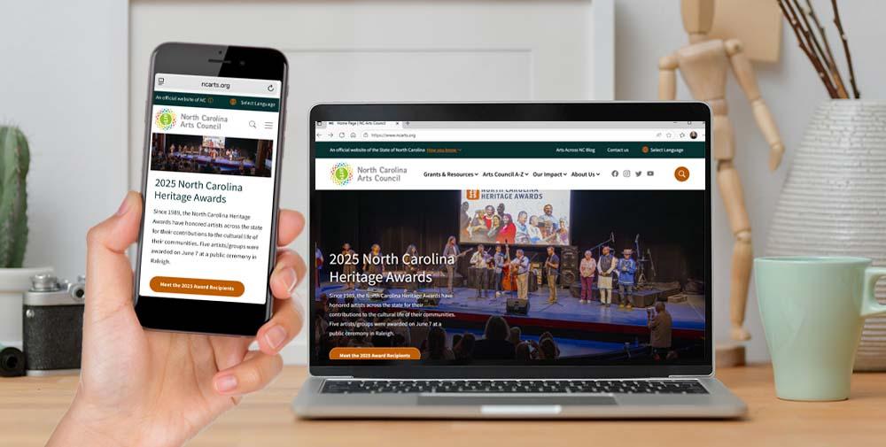 N.C. Arts website on laptop and mobile phone screens.