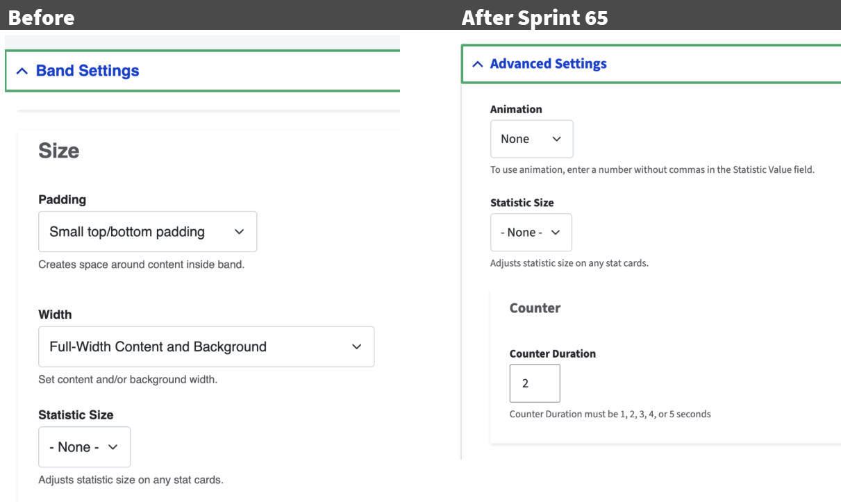user interface for statistic card settings before and after Sprint 65 when controls were moved from the band to the component.
