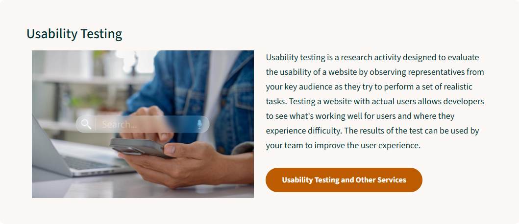 Example of a Callout component with a light background color advertises Usability Testing with a short description, link, and photo of a person using a mobile device.