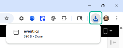 Example of an .ics Event downloaded to Chrome from Digital Commons