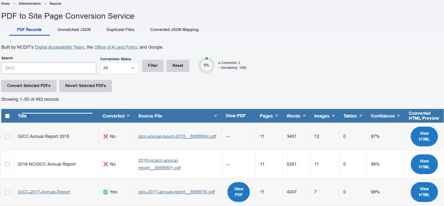 User Interface of the Digital Commons PDF to Site Page Conversion Service