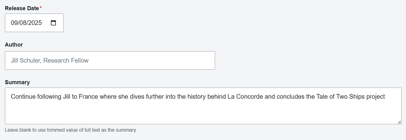 Blog summary field containing descriptive text about a research project