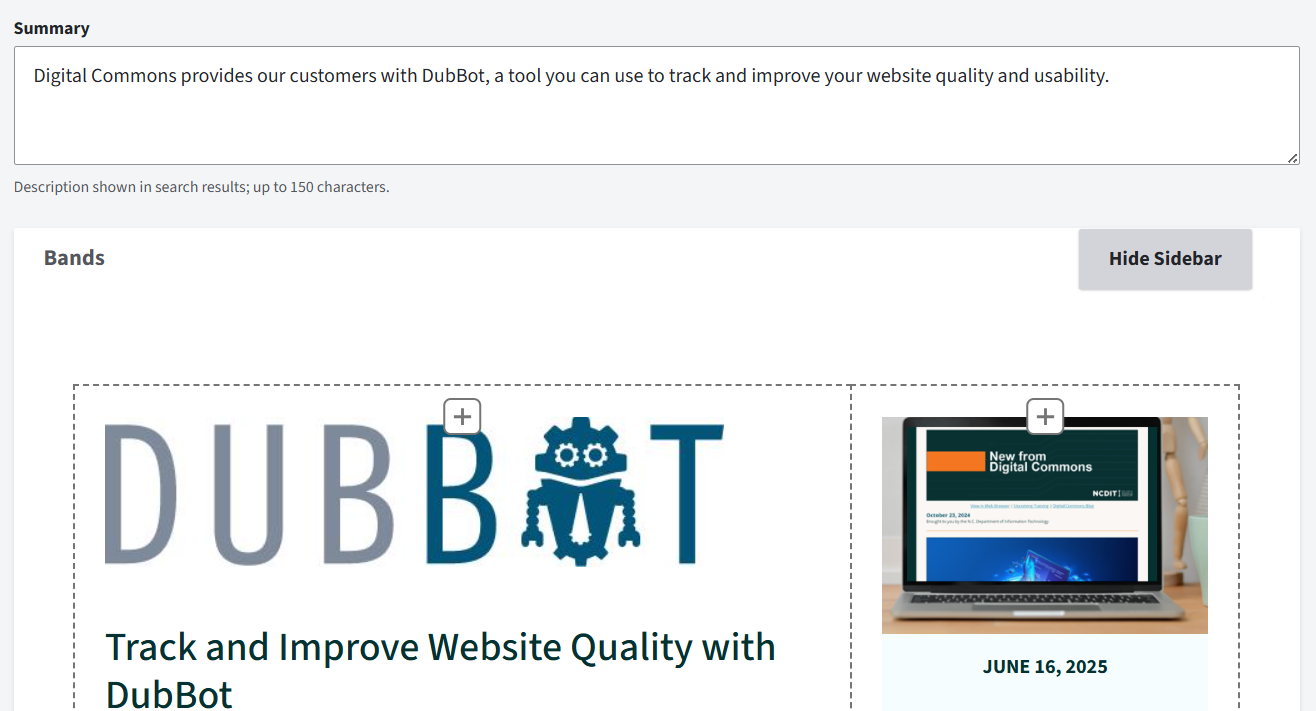 The Summary field for a Landing Page containing a deliberate description for search engine optimization