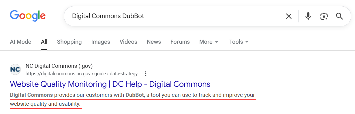 Search engine results for a Digital Commons Landing Page displaying the deliberate description entered in the Summary field