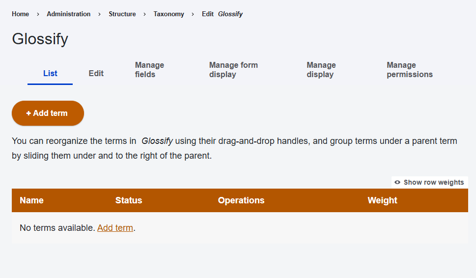 Glossify Vocabulary interface for adding new terms to the glossary