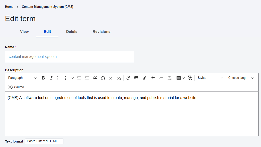 Filled form fields for a new glossary term added to the Glossify vocabulary.
