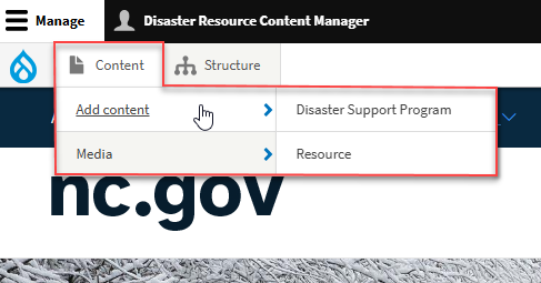 User interface of the Content Menu for the Disaster Resource Content Manager