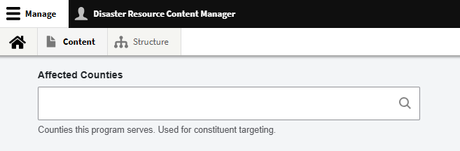 Search field for affected counties on the disaster support program content type