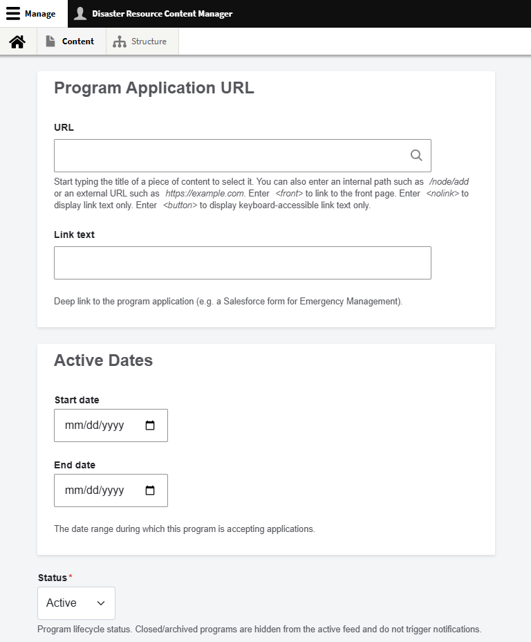 Fields for URL, active dates, and program status on the support program content type.