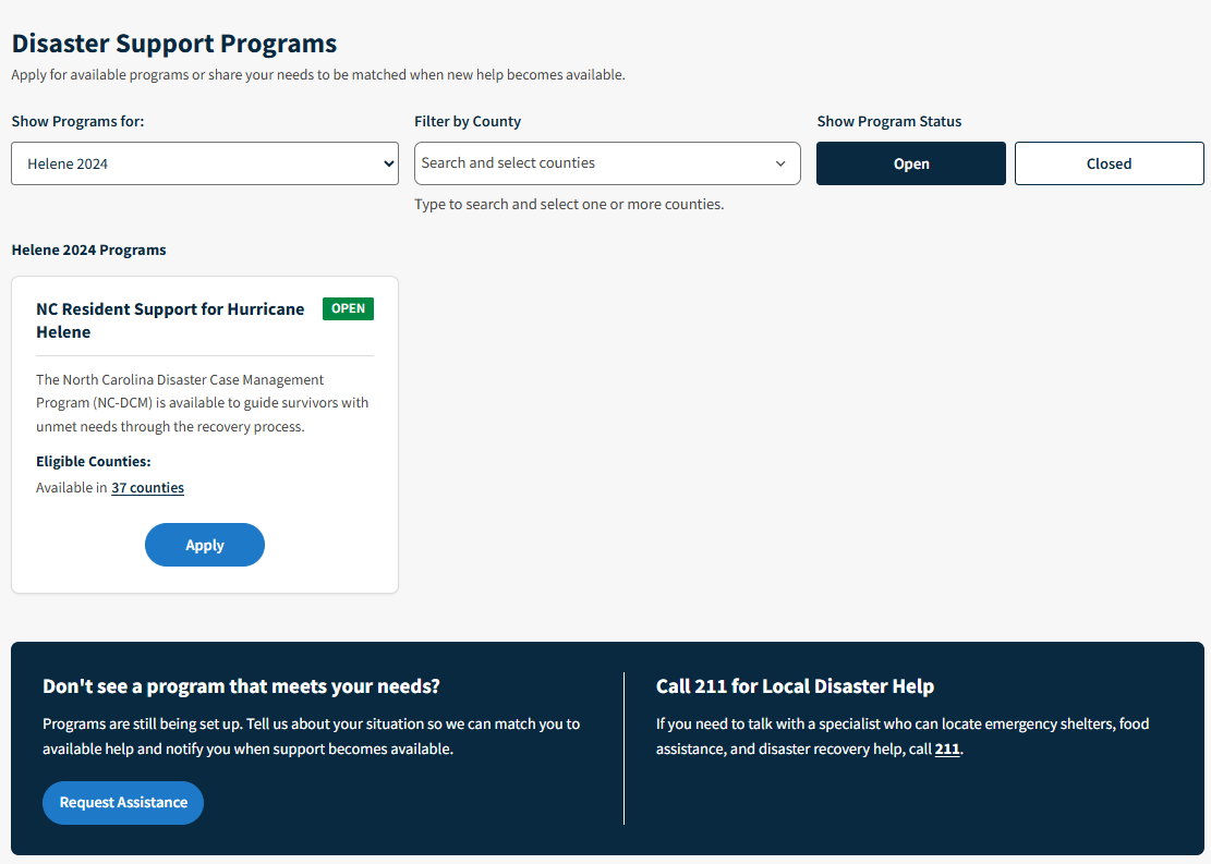 Disaster Recover Portal user interface listing Disaster Support Programs