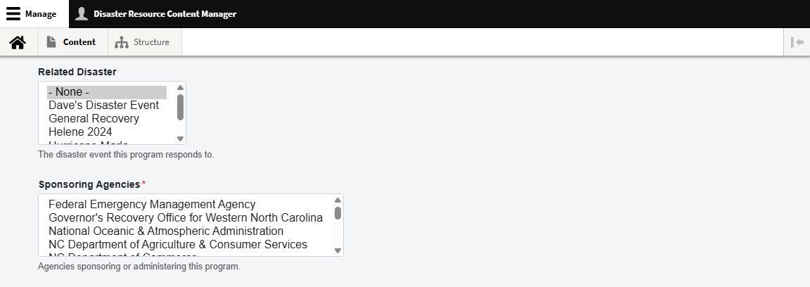 Fields for Related Disaster and Sponsoring Agency on the Disaster Support Program content type.