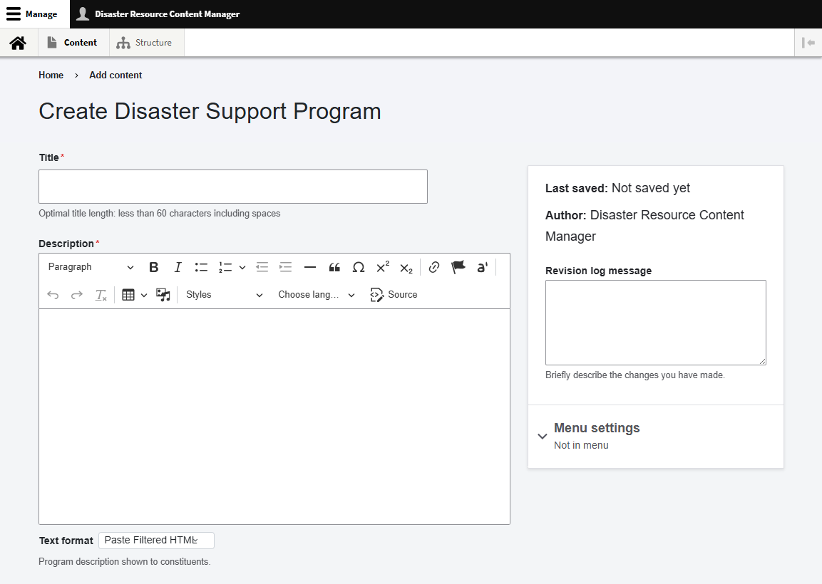 Title and description fields for creating a Disaster Support Program