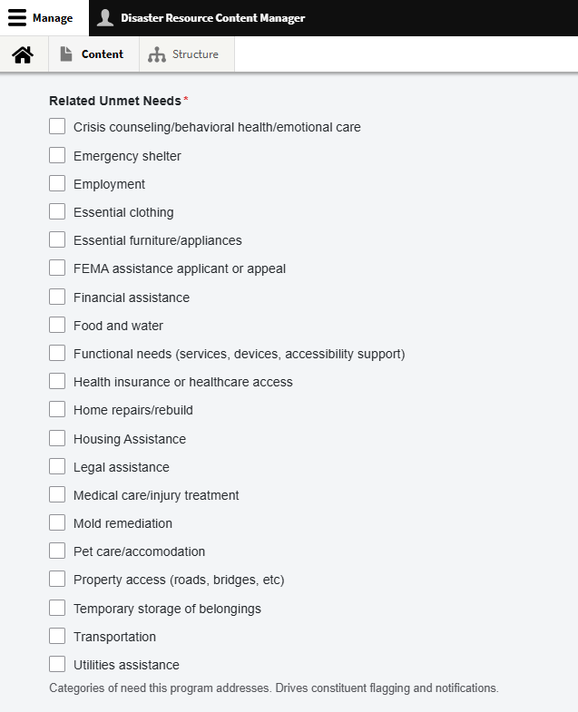 Checkboxes for relevant unmet needs on the disaster resource support program content type.