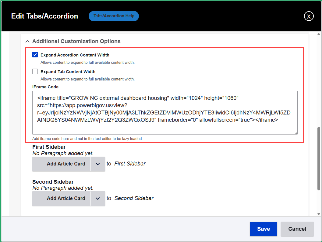 iFrame embed field for the Tabs/Accordion