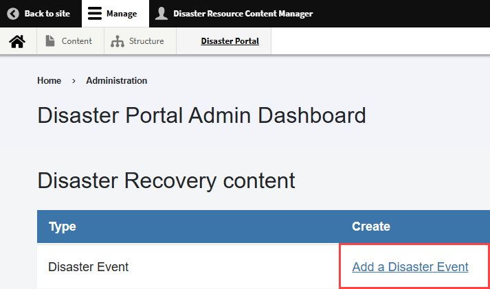 Disaster Portal Admin Dashboard with the location of Add a Disaster Event highlighted