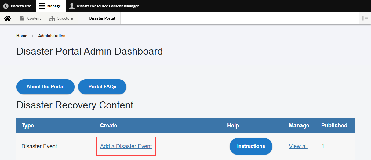 Disaster Portal Admin Dashboard with the location of Add a Disaster Event highlighted