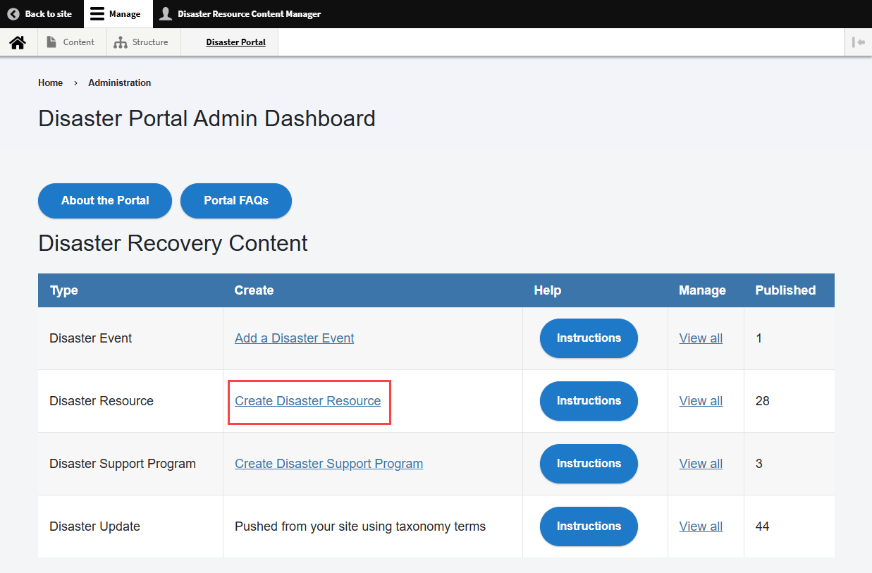 Creating a Disaster Resource using the Disaster Portal Admin Dashboard