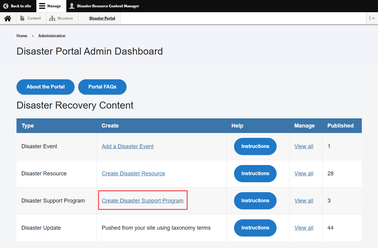Creating a Disaster Support Program using the Disaster Portal Admin Dashboard
