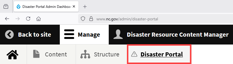 Admin toolbar highlighting the location of the Disaster Portal Admin Dashboard