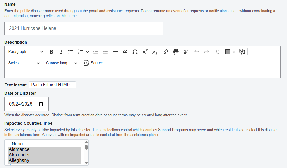 Back end user interface of all fields for creating a Disaster Event taxonomy term
