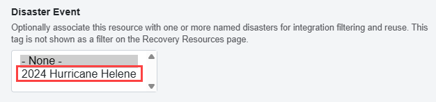 The Related Disaster Event field highlighted on the Disaster Resource content type
