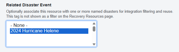 The Related Disaster Event field highlighted on the Disaster Resource content type