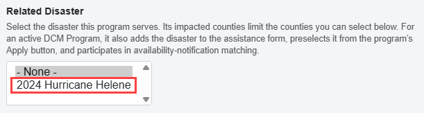 The Related Disaster Event field highlighted on the Disaster Support Program content type