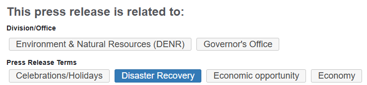 Press release terms from the Governor's website using Disaster Recovery
