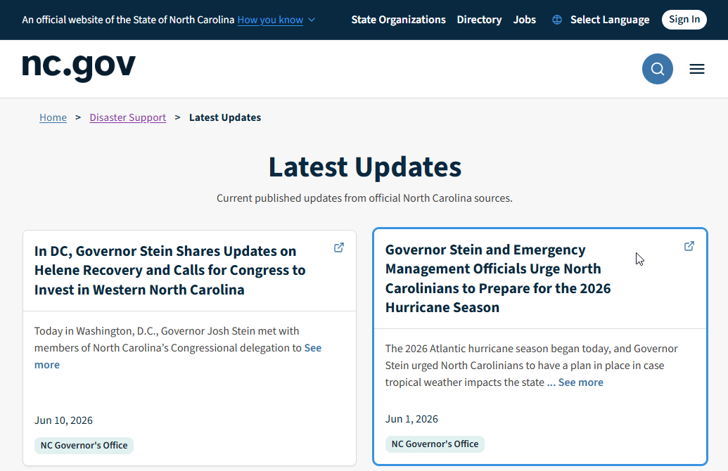 Latest Disaster Updates on the recovery portal come from press releases on other websites