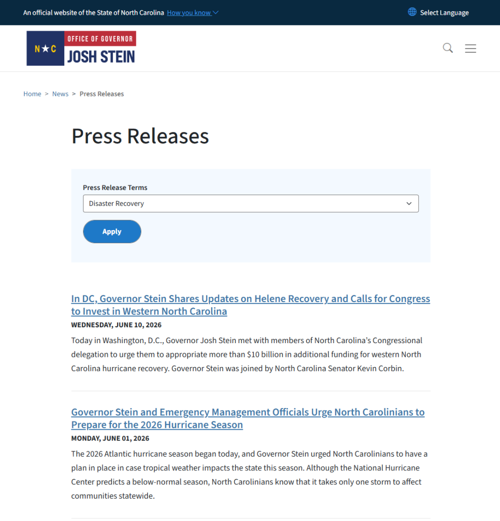 Press Releases on the Governor's website that have the Disaster Recovery term applied