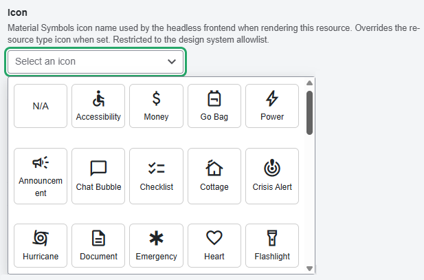 Drop-down menu of icons available for the Disaster Resource content type on the N.C. Disaster Recover Portal.