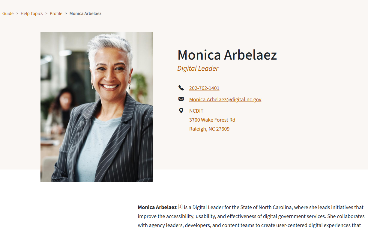Example Profile Content Type page layout with portrait of leader
