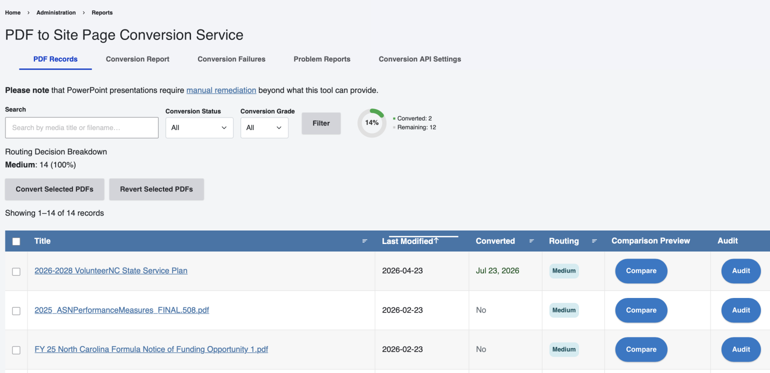 PDF Accessibility tool interface on the Admin side of the Digital Commons platform