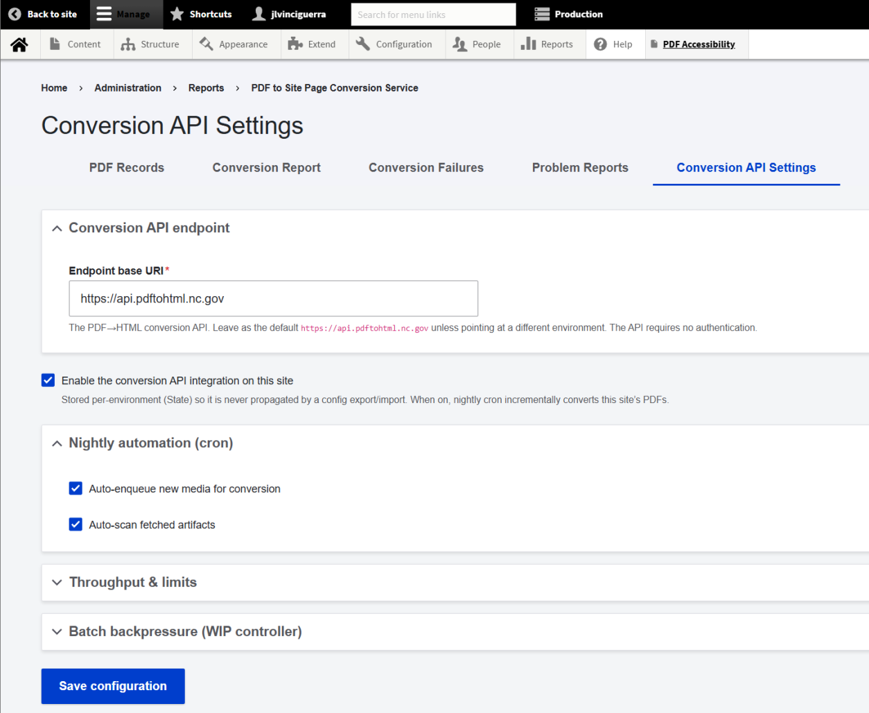 PDF Conversion API Settings