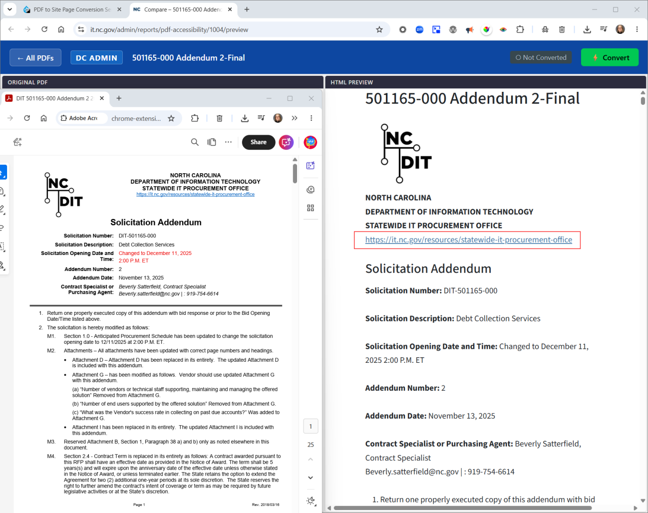 Comparison of how a PDF will be rendered as an HTML Site Page