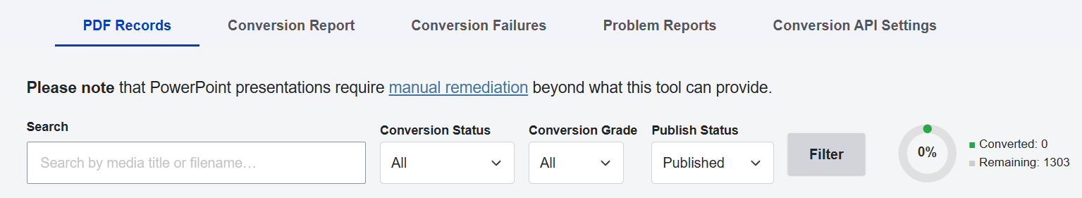 Search and Filter fields for the PDF Conversion tool