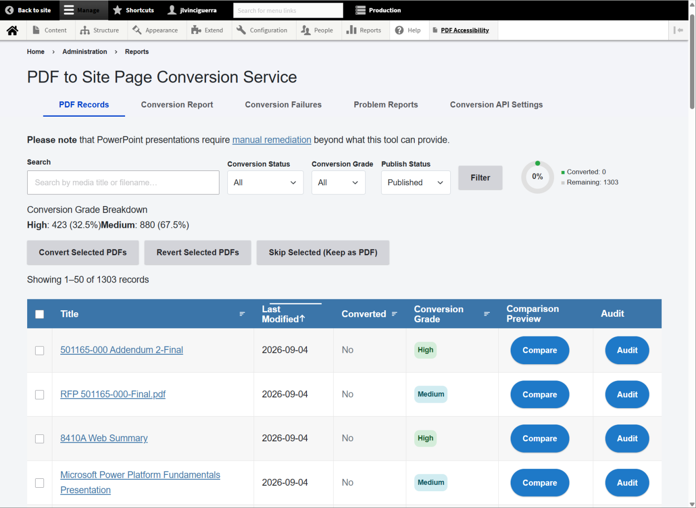 PDF Accessibility tool interface on the Admin side of the Digital Commons platform