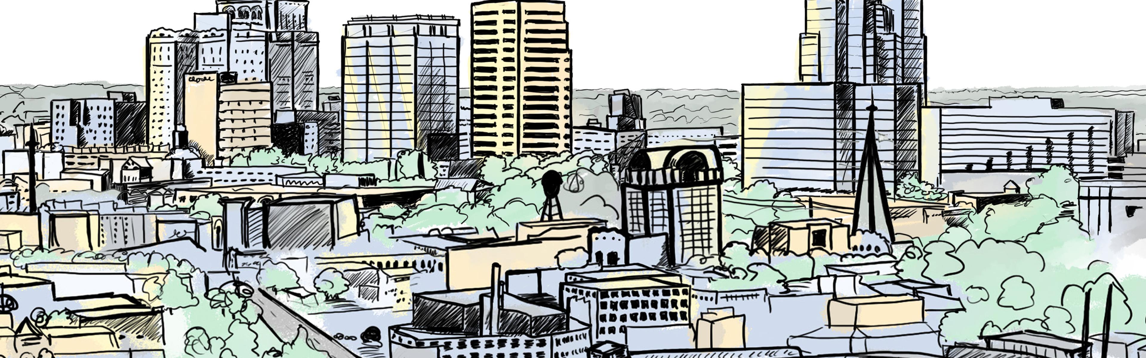 Sketched drawing of skylines of N.C. cities Greensboro and High Point.