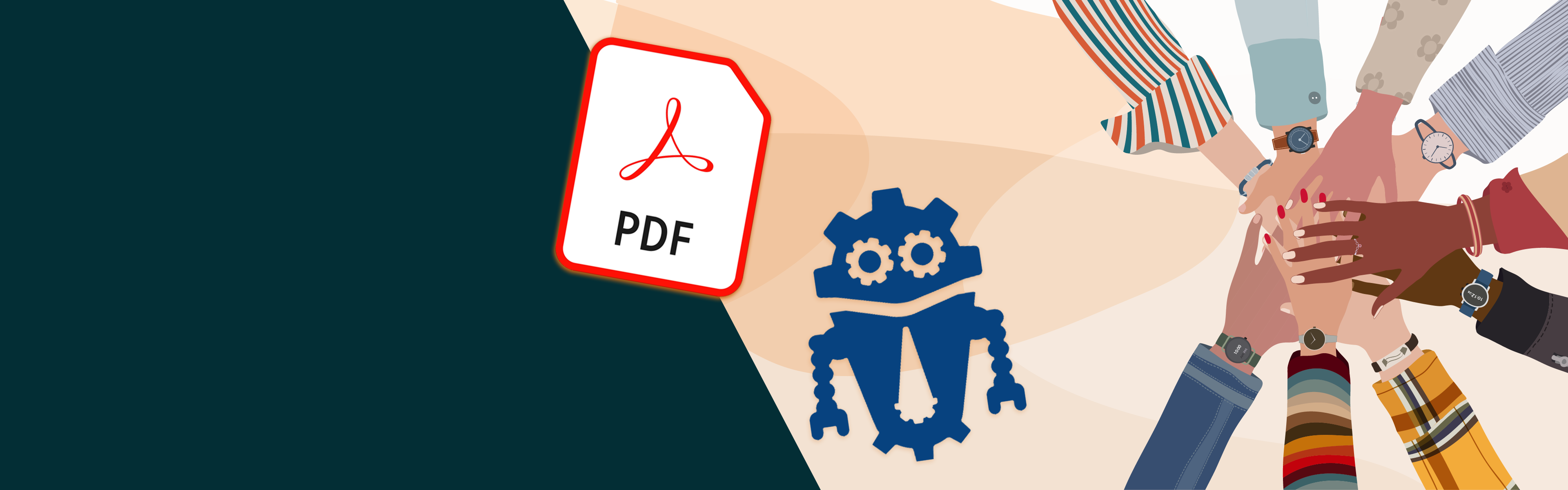 PDF icon and DubBot logo with a team of helping hands ready to assist