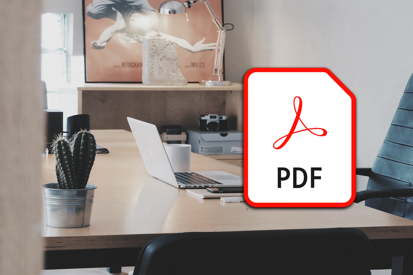 Looking through an open door into an office with a PDF icon superimposed
