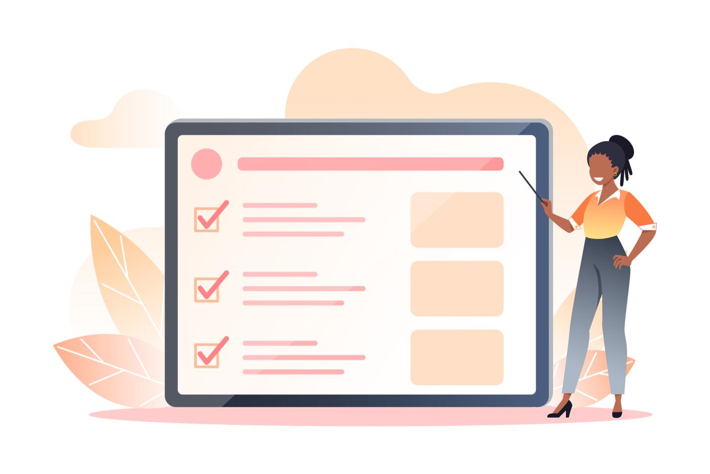 Illustration shows woman pointing at checklist