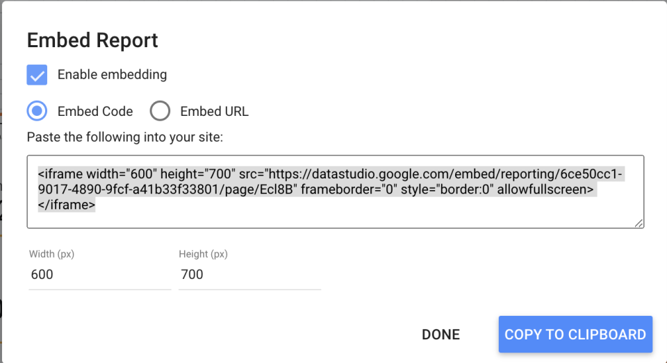 Data Studio Embed Code screen