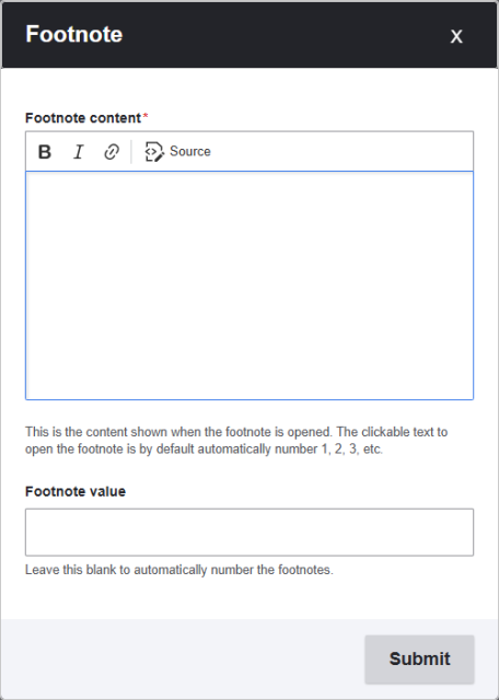 The user interface for the Footnotes module allows you to format notes and citations.