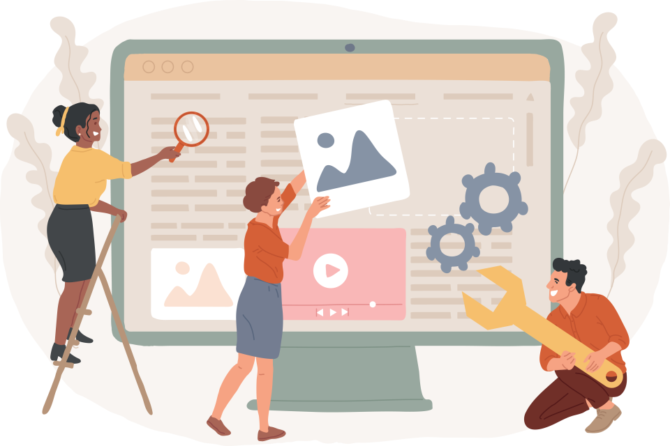 Concept of website maintenance with three small people building web content on a giant monitor