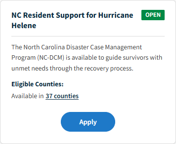 Card display of one Disaster Support Program on the Disaster Recovery Portal