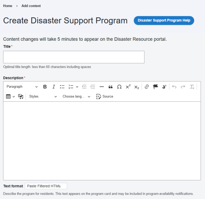 Title and description fields for creating a Disaster Support Program