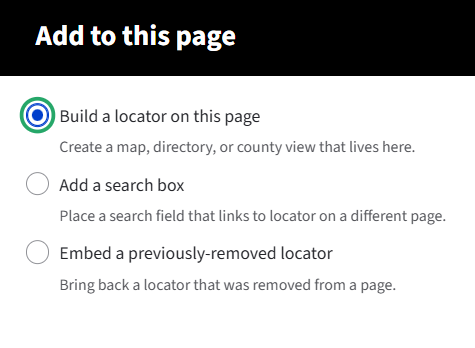 User interface with radio buttons to Build a locator on this page.