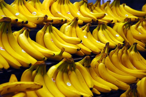 ripe yellow bananas lined up on a produce shelf